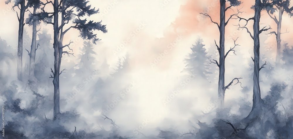Poster serene forest scene enveloped in mist, featuring tall trees and soft hues. perfect for nature-themed