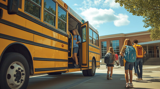 Children get off the school bus