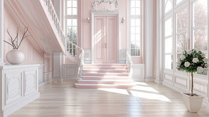 Obraz premium 07240954 93. Chic and elegant home entryway showcasing a pastel pink staircase, an impressive front door with decorative elements, light hardwood flooring stretching to a high ceiling, and a stylish