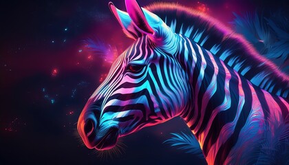 A vibrant, neon-like portrait of a zebra against a cosmic background, showcasing its striking stripes and colorful mane.