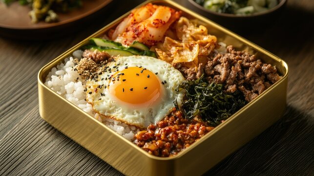 A traditional Korean Dosirak lunchbox with rice, bulgogi, kimchi, a sunny-side-up egg, and roasted laver, neatly arranged in a gold metal box on a wooden table