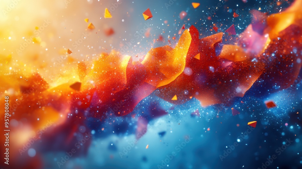 Poster 3d rendered abstract background of chaotic colorful particles and geometric plastic elements fun