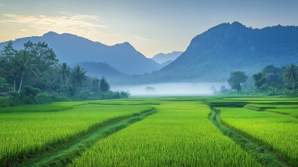 Fototapeta premium A tranquil morning view of lush rice fields and mountains in Nan province, Thailand, with the fields glowing in the early light and mountains shrouded in mist