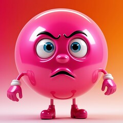 Fototapeta premium A confused pink ball with large blue eyes and a downturned lip, set against a bright orange gradient background