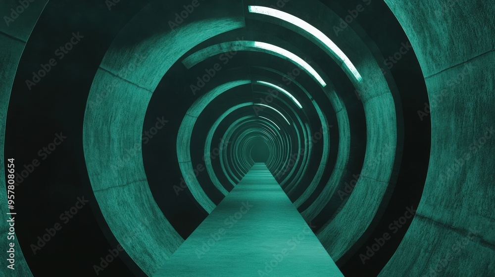 Poster a modern tunnel with circular design and glowing teal lights, creating a futuristic atmosphere for u