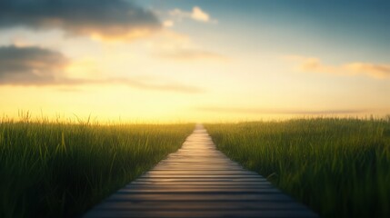 Fototapeta premium A serene pathway through lush grass, leading toward a vibrant sunset, perfect for a peaceful nature escape or inspiration.