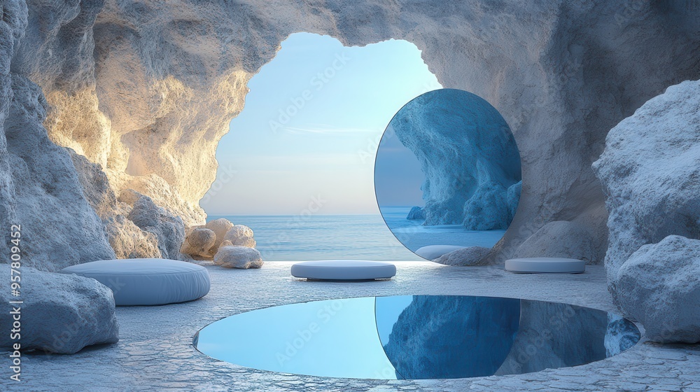 Poster 3d render of an abstract background with white cobblestone ruins and a blue rounded glass frame, fea