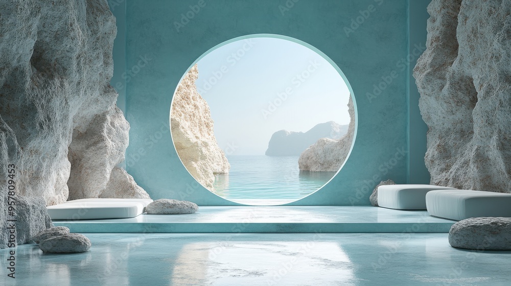 Poster 3d render of an abstract background with white cobblestone ruins and a blue rounded glass frame, fea