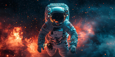 Astronaut floats through space with a fiery nebula behind them.