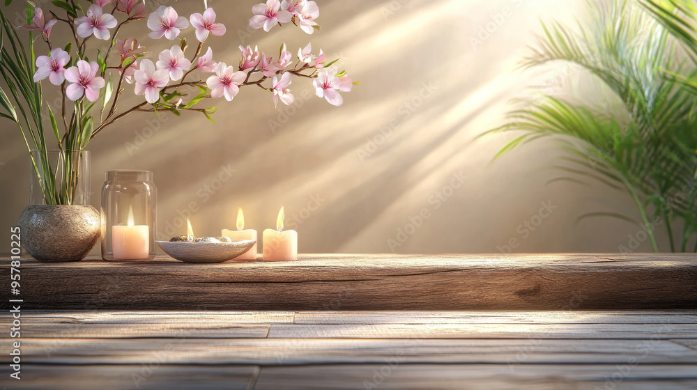 Poster a wooden table with a vase of pink flowers and candles on it. the table is set up for a relaxing and