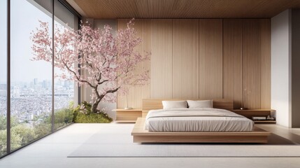 Modern Minimalist Bedroom with Cherry Blossom Tree and City View