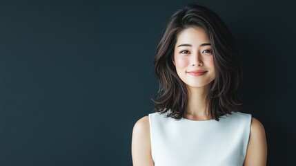 Obraz premium Joyful Japanese Woman with Layered Brown Hair in White Sleeveless Top - Natural Sunlit Mid-Shot