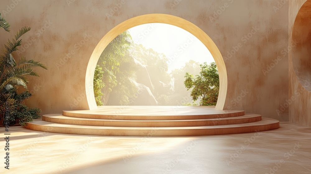 Poster 3d render abstract beige background with empty arch frame and sunlight on the wall modern minimal sh
