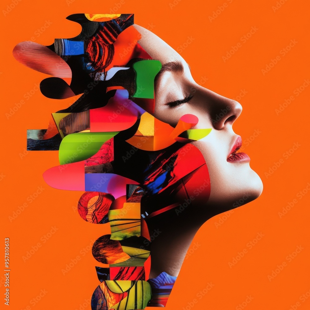 Poster a vibrant portrait displaying a surreal blend of colors and patterns, capturing the essence of creat
