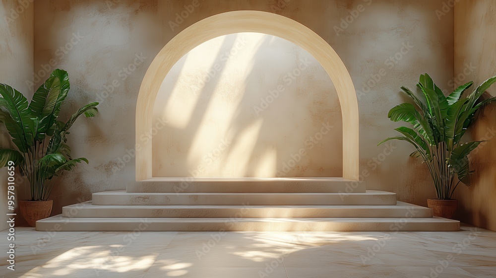 Poster 3d render abstract beige background with empty arch frame and sunlight on the wall modern minimal sh