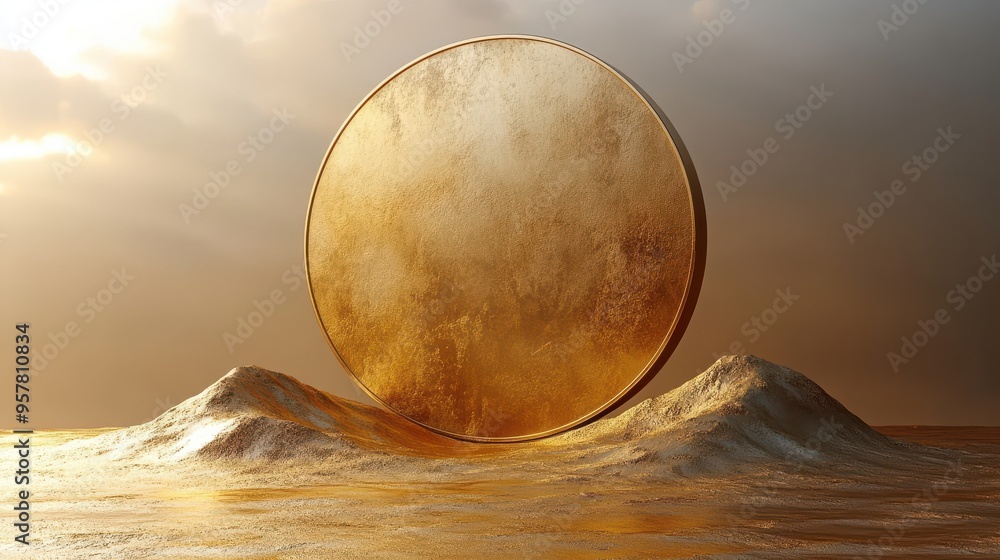 Poster 3d render of a beige background with hills and a rounded golden frame. a desolate landscape illumina