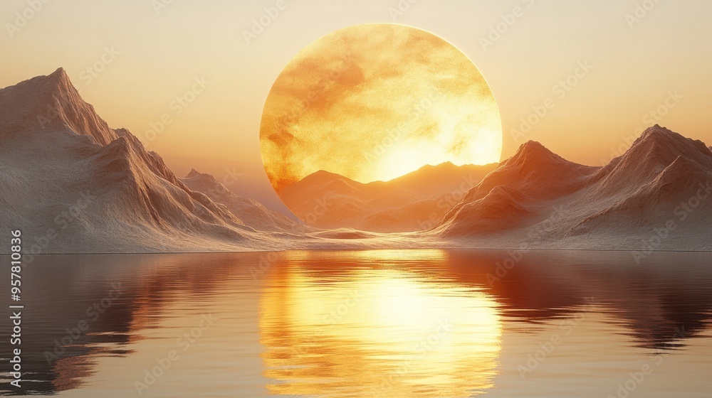Poster 3d render of a beige background with hills and a rounded golden frame. a desolate landscape illumina