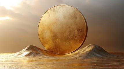 Obraz premium 3D render of a beige background with hills and a rounded golden frame. A desolate landscape illuminated by sunlight, creating a modern minimal scene for product presentation.