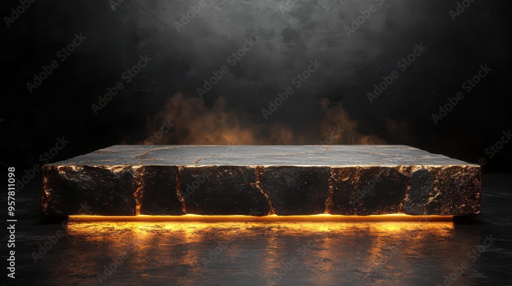 Poster 3d render of an abstract black background with cobblestones and a golden square frame, featuring a l