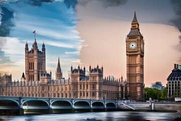 Naklejka premium Impressionist Art Collage of Big Ben and London Skyline Double Exposure