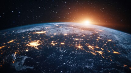 Earth From Space With City Lights and Sun Rise