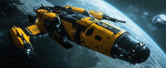 Yellow and Black Spaceship Orbiting a Blue Planet