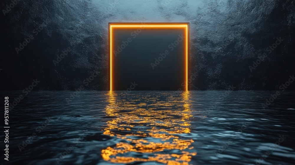 Aufkleber 3d render of an abstract black background with cobblestones and a golden square frame, featuring a l