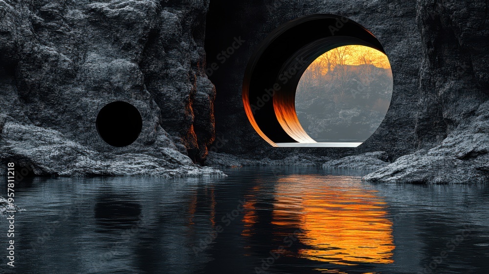 Aufkleber 3d render of abstract black background with gold rounded disks, broken stone torus, and water reflec