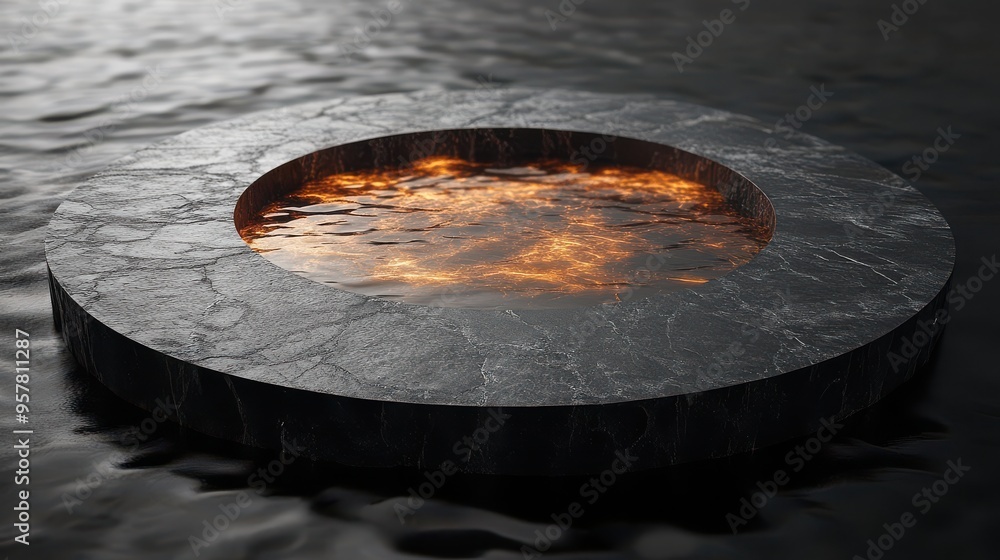 Poster 3d render of abstract black background with gold rounded disks, broken stone torus, and water reflec