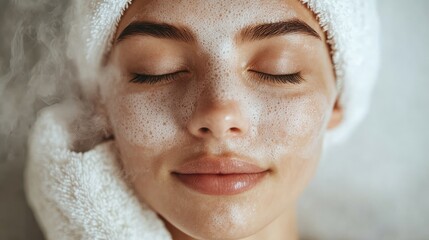 Relaxed Woman Enjoying a Rejuvenating Facial Treatment with Foam and Steam at a Spa