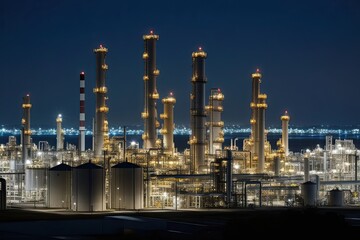 Fototapeta premium Nighttime Wide Angle Shot of Oil Refinery Towers and Chemical Production Plants