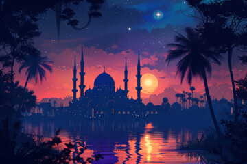 Ramadan Kareem with mosque and crescent moon