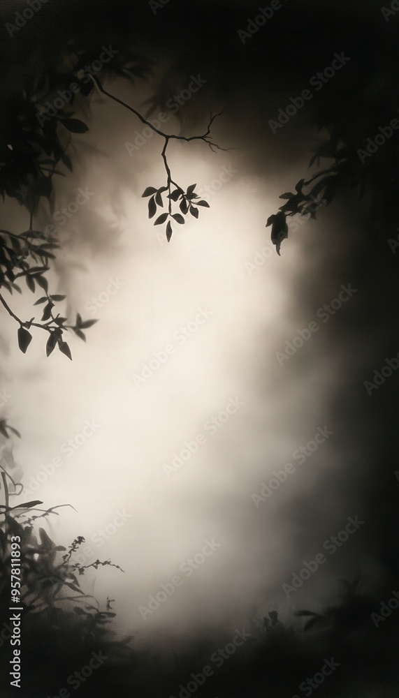 Poster mysterious fog envelops a shadowed area, with delicate leaves framing the ethereal light, creating a