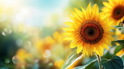Obraz premium Sunflower Field Summer Sunshine Yellow Flower Golden Petals Bokeh Background