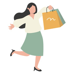 Lady Carrying Shopping Bags Character with Flat Face Design Concept. Vector Illustration