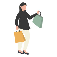 Lady Carrying Shopping Bags Character with Flat Face Design Concept. Vector Illustration