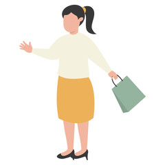 Lady Carrying Shopping Bags Character with Flat Face Design Concept. Vector Illustration