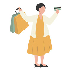 Lady Carrying Shopping Bags Character with Flat Face Design Concept. Vector Illustration