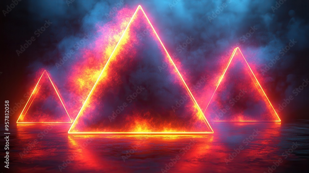 Poster 3d render of abstract colorful neon geometric shapes isolated on a transparent background
