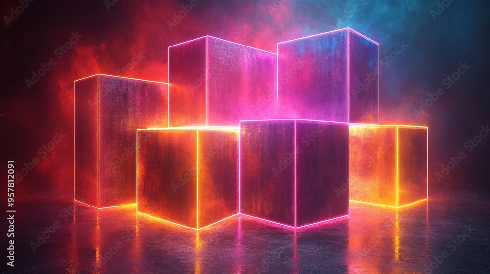 Poster 3d render of abstract colorful neon geometric shapes isolated on a transparent background