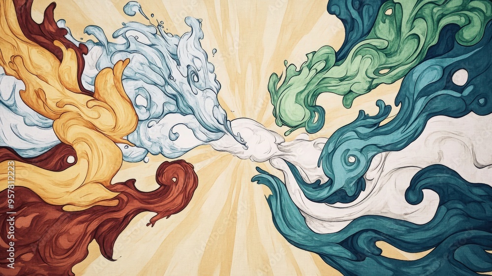 Poster vibrant abstract artwork featuring swirling colors representing energy and movement in a dynamic com