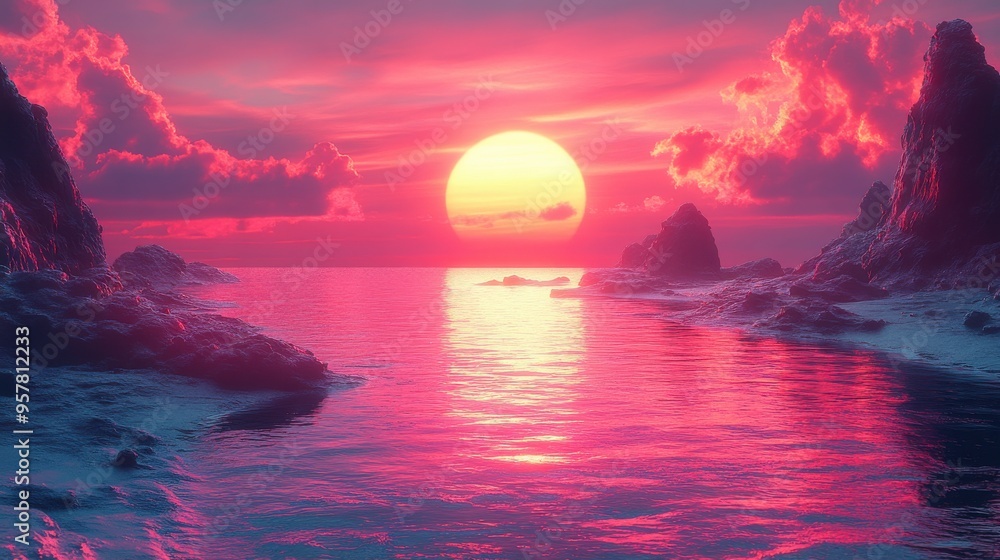 Poster 3d render of an abstract fantasy background featuring a unique futuristic landscape with rounded geo