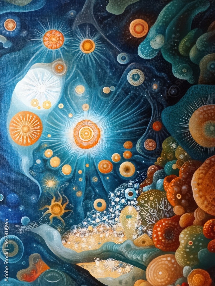 Poster vibrant abstract pattern depicting cosmic elements with colorful shapes and glowing effects, evoking