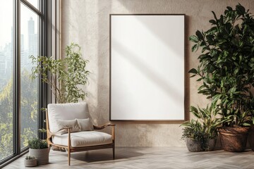 Poster Frame in Beige minimalist living room interior created with generative AI