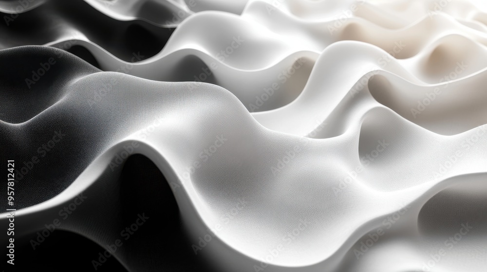 Poster 3d render abstract background with folded textile ribbon or paper featuring black and white lines.