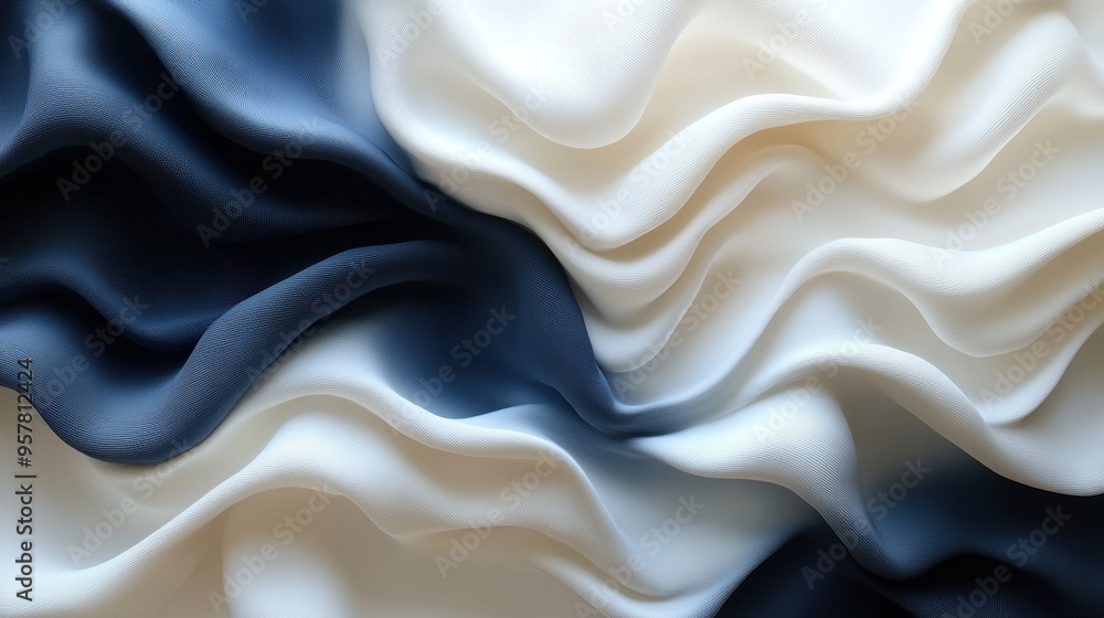 Poster 3d render abstract background with folded textile ribbon or paper featuring black and white lines.