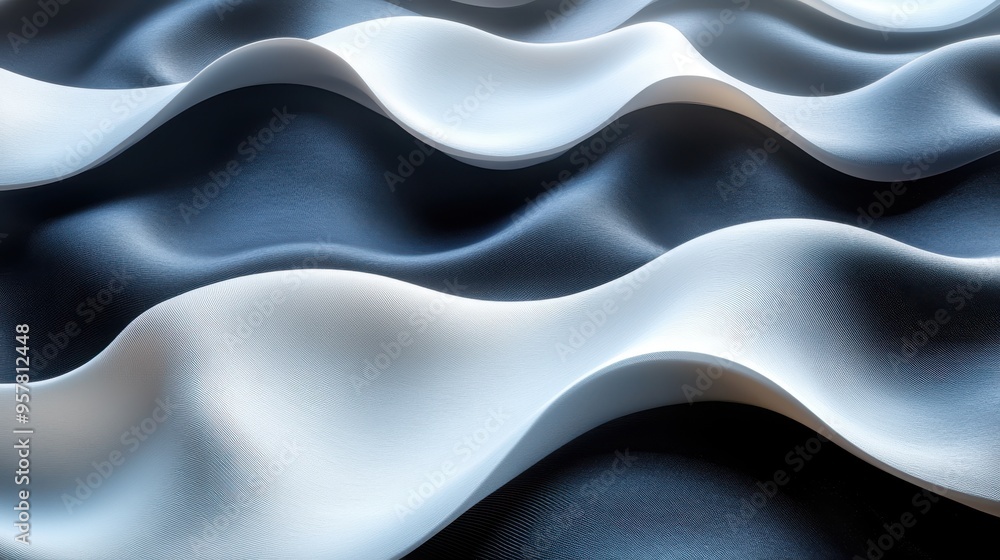 Poster 3d render abstract background with folded textile ribbon or paper featuring black and white lines.