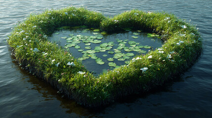 lake shaped like a heart, nestled in a lush green landscape, symbolizing love and tranquility