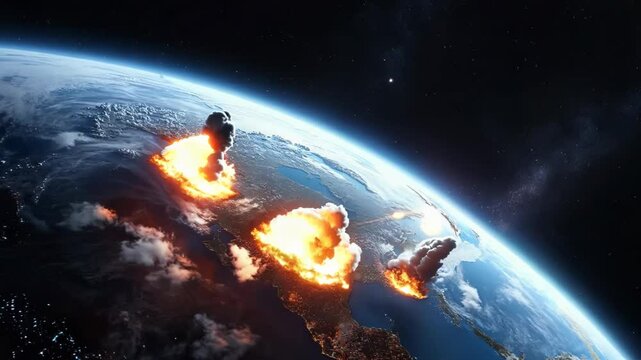 Earth rotates in cosmic darkness. Multiple fiery explosions burst from its surface, sending massive smoke plumes into the atmosphere. CGI elements enhance the catastrophic scene.	