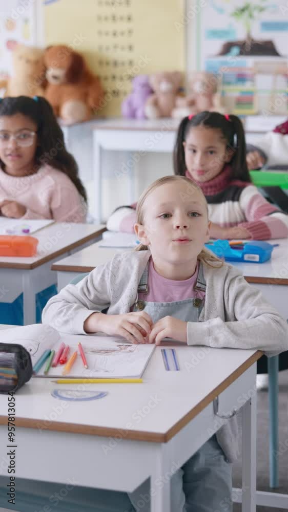 Poster Girl, question and answer in classroom for education, school and study with active learning lesson. Student, growth and talking for development, knowledge and interactive quiz or discussion with why